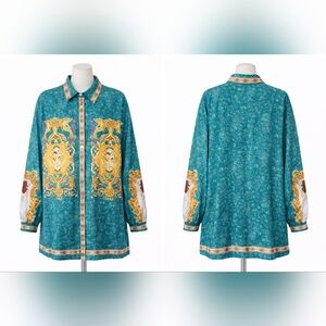Turquoise Baroque Print Button-Up Shirt/Dress